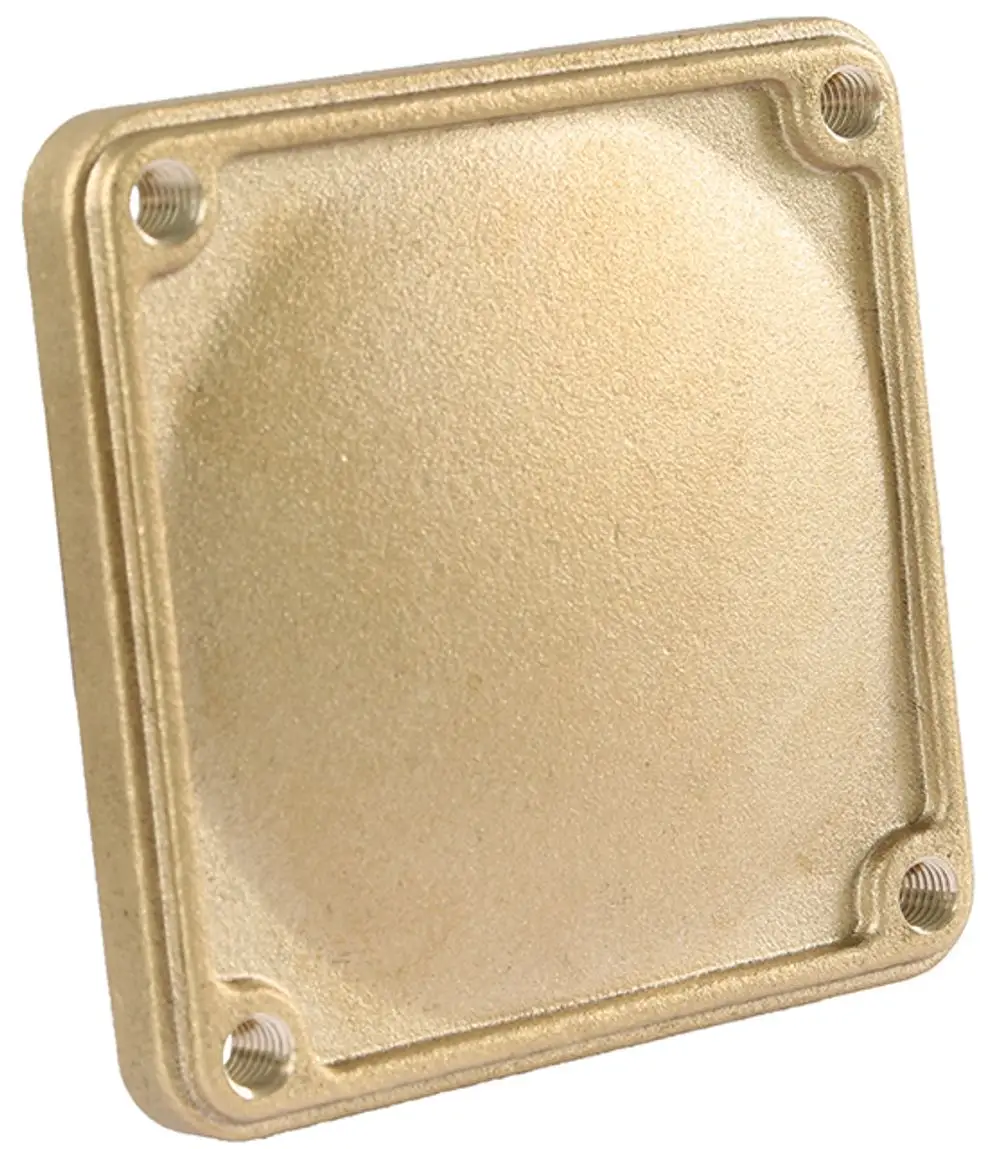 Verschlusskappe von Syr in rechteckiger Form mit schimmernder Oberfläche und Gewindebohrungen in den Ecken zur Befestigung. Ideal für Drufi max-Flansche.